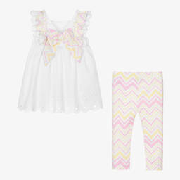 A Dee-Girls White Cotton Zigzag Leggings Set | Childrensalon Outlet