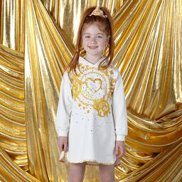 آدي-فستان سويتشيرت قطن جيرسي لون أبيض وذهبي | Childrensalon Outlet