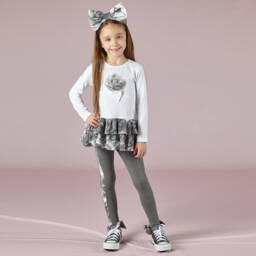 A Dee-Белый топ с серыми розами и легинсы | Childrensalon Outlet