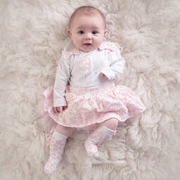 آدي-طقم تنورة قطن جيرسي لون أبيض وزهري | Childrensalon Outlet