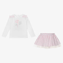 آدي-طقم تنورة قطن جيرسي لون أبيض وزهري | Childrensalon Outlet