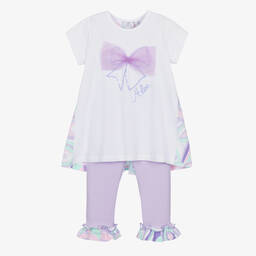 A Dee-Girls White & Purple Cotton Leggings Set | Childrensalon Outlet