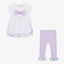 A Dee-Girls White & Purple Cotton Leggings Set | Childrensalon Outlet