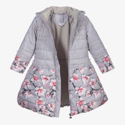 A Dee-Grey & Pink Floral Puffer Coat | Childrensalon Outlet
