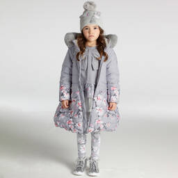 A Dee-Grey & Pink Floral Puffer Coat | Childrensalon Outlet