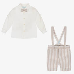 Abel & Lula-طقم شورت أطفال ولادي قطن وكتان لون أبيض وبيج | Childrensalon Outlet