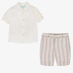 Abel & Lula-طقم شورت أطفال ولادي قطن وكتان لون أبيض وبيج | Childrensalon Outlet