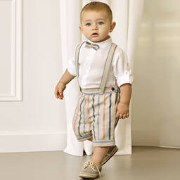 Abel & Lula-Boys Beige Striped Linen Short Set | Childrensalon Outlet