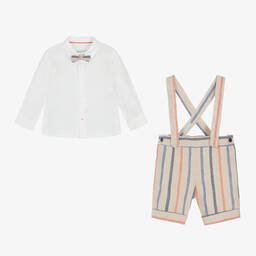 Abel & Lula-Boys Beige Striped Linen Short Set | Childrensalon Outlet