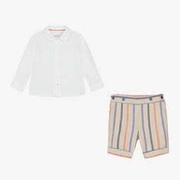 Abel & Lula-Boys Beige Striped Linen Short Set | Childrensalon Outlet