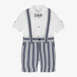 Abel & Lula-Boys Blue Linen & Cotton Striped Shorts Set | Childrensalon Outlet