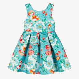 Abel & Lula-Girls Blue Floral Satin Dress | Childrensalon Outlet