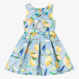 Abel & Lula-Girls Blue Satin Lemon Print Dress | Childrensalon Outlet