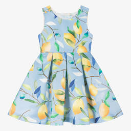 Abel & Lula-Girls Blue Satin Lemon Print Dress | Childrensalon Outlet