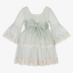 Abel & Lula-Girls Green & Ivory Embroidered Tulle Dress | Childrensalon Outlet
