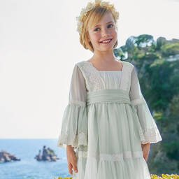 Abel & Lula-Girls Green & Ivory Embroidered Tulle Dress | Childrensalon Outlet
