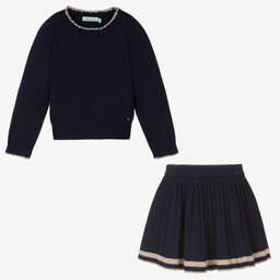 Abel & Lula-Girls Navy Blue Knitted Skirt Set | Childrensalon Outlet