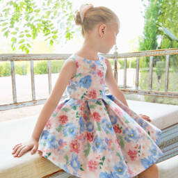 Abel & Lula-Girls Pink Floral Print Satin Dress | Childrensalon Outlet