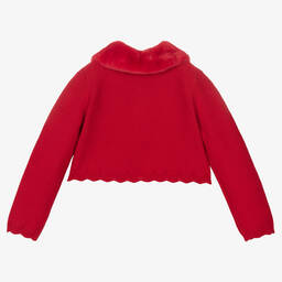 Abel & Lula-Красный хлопковый кардиган с воротником из искусственного меха | Childrensalon Outlet