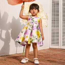 Abel & Lula-فستان ساتان للبنات مزين بزهور عاجية | Childrensalon Outlet