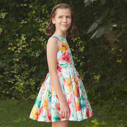 Abel & Lula-Girls White Floral Satin Dress | Childrensalon Outlet
