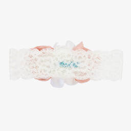Abel & Lula-Girls White & Pink Floral Lace Headband | Childrensalon Outlet