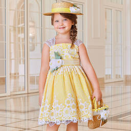Abel & Lula-Girls Yellow Floral Lace Dress | Childrensalon Outlet
