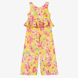 Abel & Lula-Girls Yellow Satin Floral Jumpsuit | Childrensalon Outlet