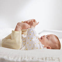 ابسوربا-أوفرول رومبر قطن عضوي مقلم لون أصفر وأبيض للمولودات | Childrensalon Outlet