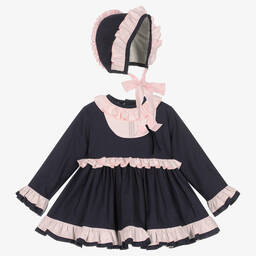 أبويلا تاتا-طقم فستان قطن تويل مزين بكشكش لون كحلي وزهري | Childrensalon Outlet