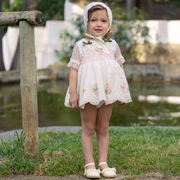 أبويلا تاتا-طقم فستان قطن وتول مطرز لون عاجي | Childrensalon Outlet