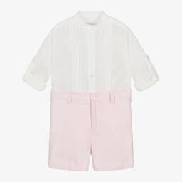 Abuela Tata-Boys Ivory & Pink Cotton & Linen Shorts Set | Childrensalon Outlet