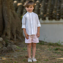 Abuela Tata-Boys Ivory & Pink Cotton & Linen Shorts Set | Childrensalon Outlet