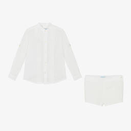 Abuela Tata-Boys Ivory & Pink Cotton Shorts Set | Childrensalon Outlet