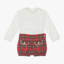 أبويلا تاتا-طقم شورت أطفال ولادي تارتان قطن لون أحمر وعاجي | Childrensalon Outlet