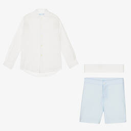 Abuela Tata-Boys White & Blue Cotton Shorts Set  | Childrensalon Outlet