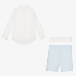 Abuela Tata-Boys White & Blue Cotton Shorts Set  | Childrensalon Outlet