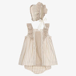 Abuela Tata-Girls Beige Cotton Striped Dress Set | Childrensalon Outlet