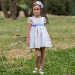 Abuela Tata-فستان تول ودانتيل لون عاجي وأزرق | Childrensalon Outlet