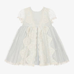 Abuela Tata-فستان تول ودانتيل لون عاجي وأزرق | Childrensalon Outlet