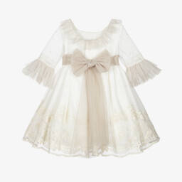 Abuela Tata-فستان تول عاجي أنيق للبنات | Childrensalon Outlet