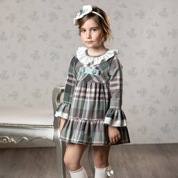 Abuela Tata-Girls Grey & Turquoise Green Check Dress | Childrensalon Outlet