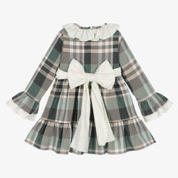 Abuela Tata-Girls Grey & Turquoise Green Check Dress | Childrensalon Outlet