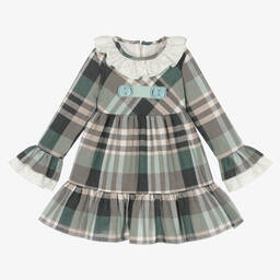 Abuela Tata-Girls Grey & Turquoise Green Check Dress | Childrensalon Outlet