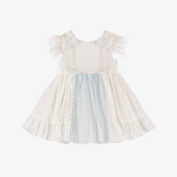Abuela Tata-فستان عاجي وأزرق مزين بالريش للبنات | Childrensalon Outlet