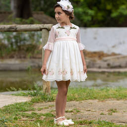 Abuela Tata-Girls Ivory Embroidered Tulle Roses Dress  | Childrensalon Outlet