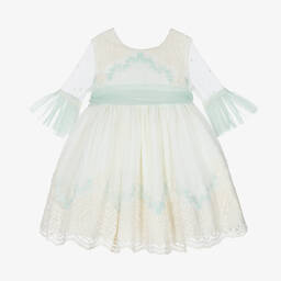 Abuela Tata-Girls Ivory & Green Embroidered Tulle Dress | Childrensalon Outlet