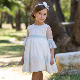 Abuela Tata-Girls Ivory & Green Embroidered Tulle Dress | Childrensalon Outlet