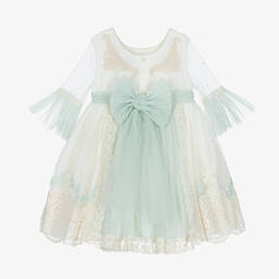 Abuela Tata-Girls Ivory & Green Embroidered Tulle Dress | Childrensalon Outlet
