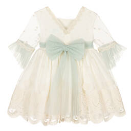 Abuela Tata-فستان قطن وتول لون عاجي وأخضر بطبعة ورود | Childrensalon Outlet